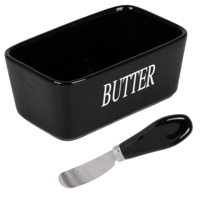 Маслянка з ножем , чорна "Butter" 17.5см.
